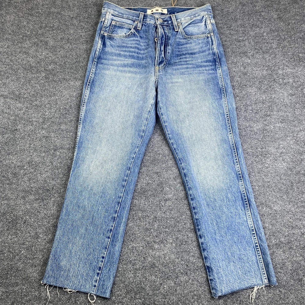 AMO Jeans Womens 28 Blue Loverboy Loved Boyfriend High Rise USA Raw Hem Denim
